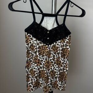 Leopard print tank top with lace trim and buttons
